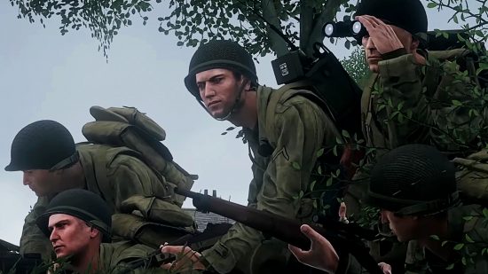 Arma 3 DLC Spearhead 1944 - un groupe de soldats de la Seconde Guerre mondiale réunis sous un arbre.