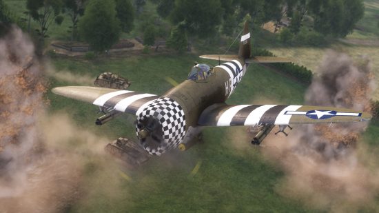 Arma 3 DLC Spearhead 1944 - un avion survole plusieurs chars dans un champ.