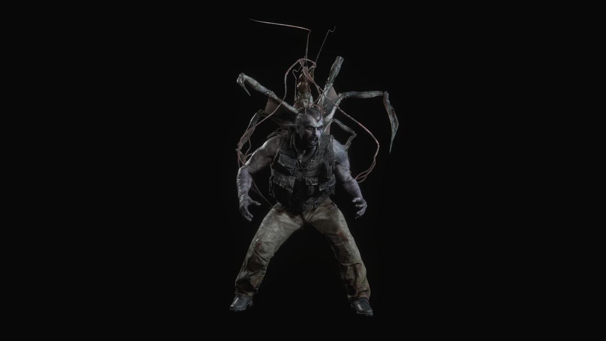 La Plaga Araña en forme d'araignée explose du dos d'un homme portant un gilet dans un exemple d'image de l'interface utilisateur dans RE4
