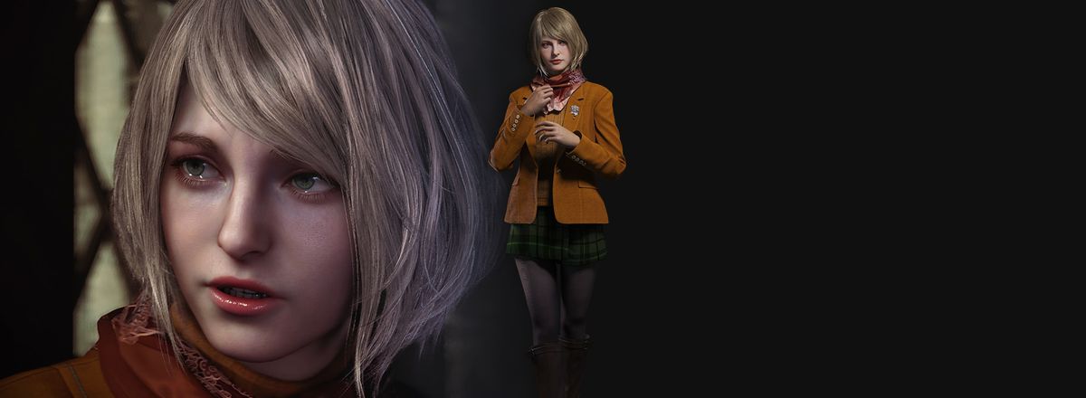 Un composite de deux images de Resident Evil 4 illustrant le visage en larmes d'Ashley Graham sur le côté gauche et une photo complète de sa nouvelle tenue (veste marron, jupe-short et blazer) sur le côté droit