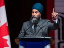 Le chef du NPD, Jagmeet Singh, s'exprimant au Musée canadien de l'histoire à Gatineau, au Québec.