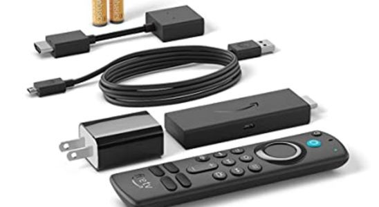 Amazon Fire Stick 4K with all the things that come in the box pictured.