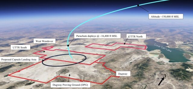 Ce graphique d'une évaluation environnementale de la FAA montre la trajectoire prévue du véhicule de rentrée de Varda à l'approche de l'Utah Test and Training Range.