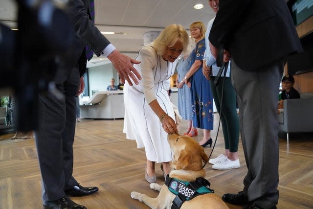 La reine Camilla rencontre le maître-chien Mark Mills et son chien Flo alors qu'elle arrive pour sa visite le 10e jour des championnats de Wimbledon 2023 au All England Lawn Tennis and Croquet Club à Wimbledon