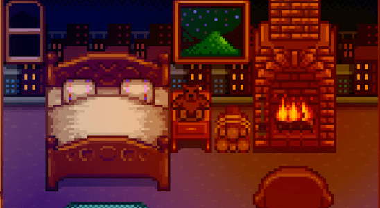 A picture of a cosy bedroom in Stardew Valley, complete with a plushie who is NOT in bed like they are supposed to be.