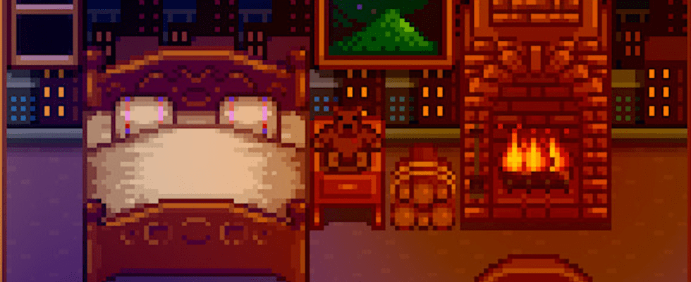 A picture of a cosy bedroom in Stardew Valley, complete with a plushie who is NOT in bed like they are supposed to be.