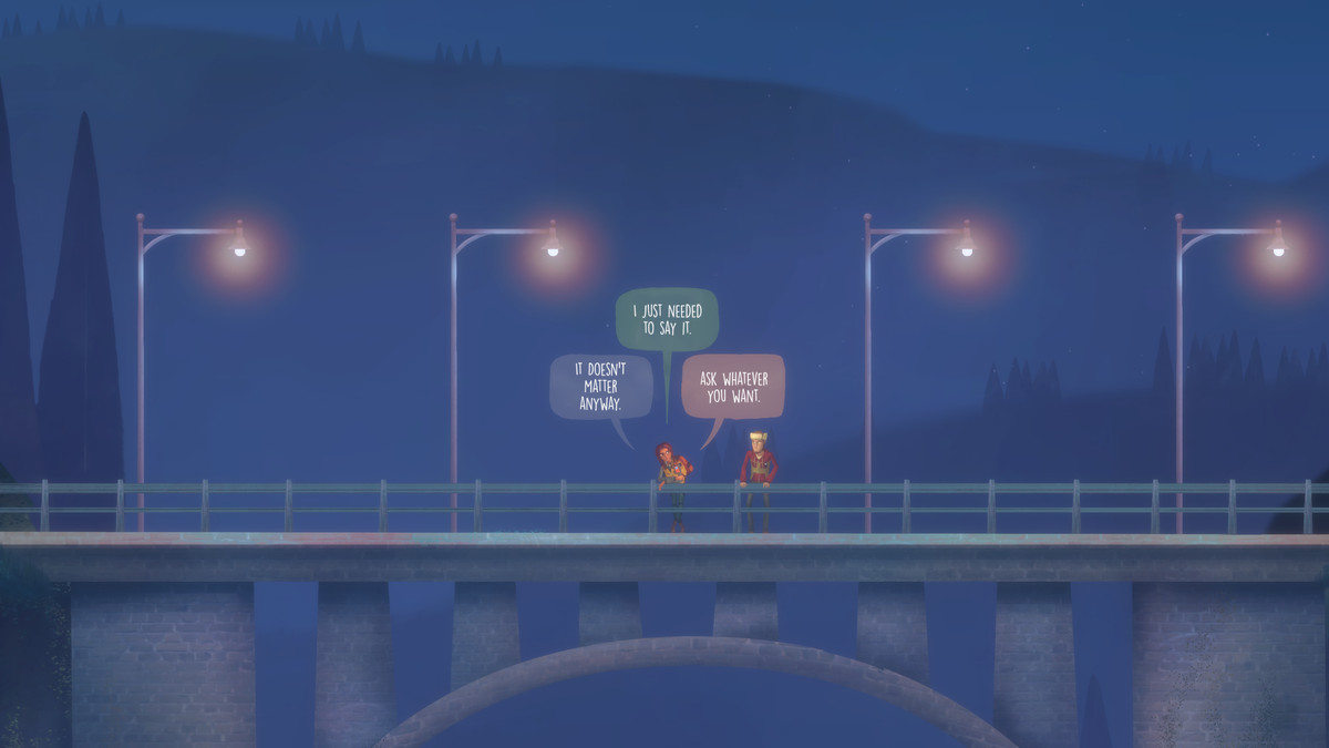 Deux personnages conversent près de la balustrade d'un petit pont en béton la nuit dans Oxenfree 2