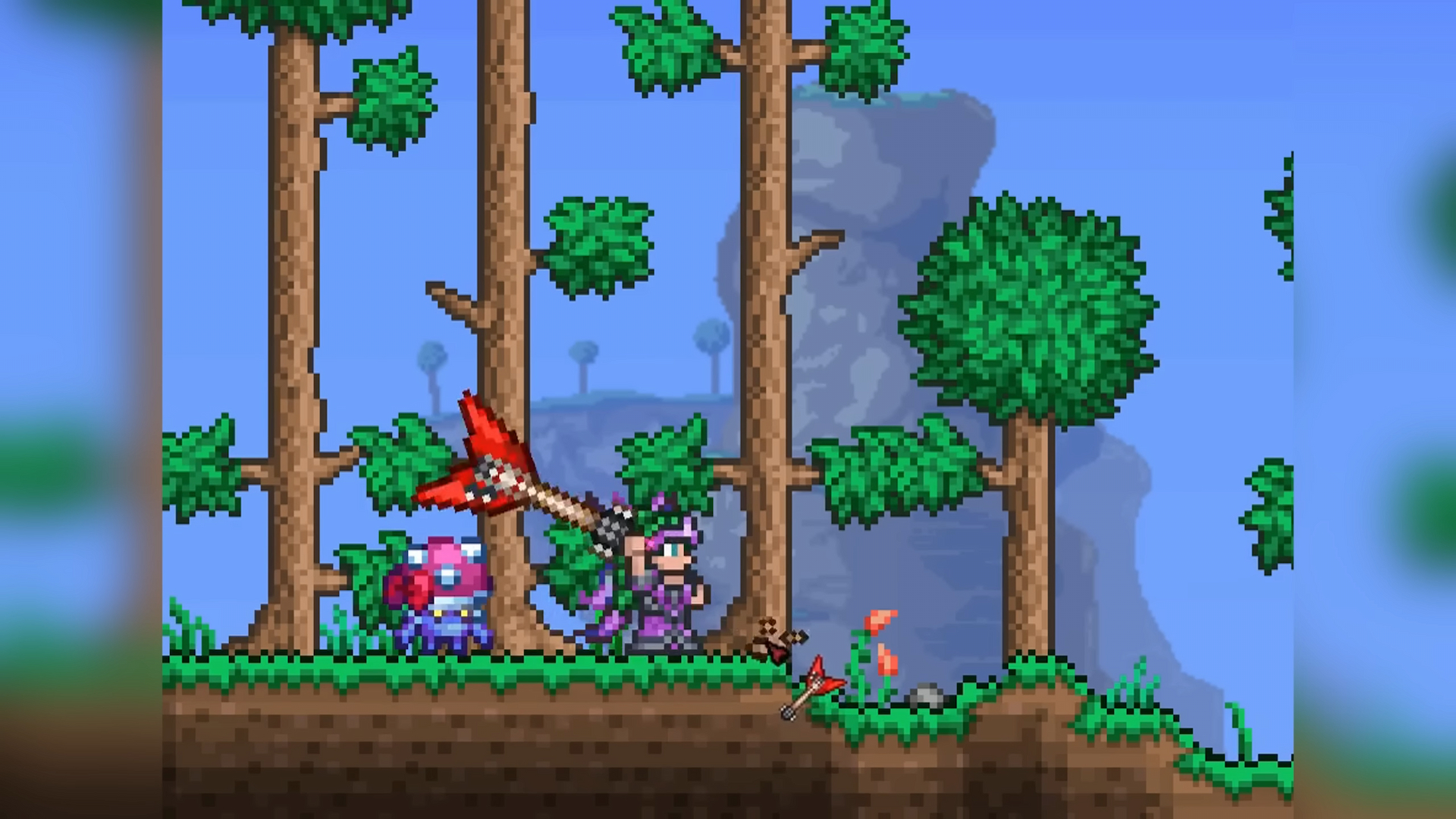 Le personnage Terraria aux cheveux verts de Cenx abattant un arbre avec une hache tout en ayant un Mushroom Boi!  animal de compagnie de Dead Cells