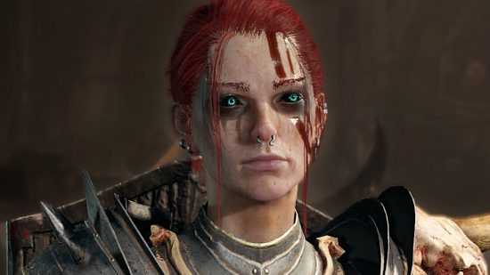 Notes de mise à jour de Diablo 4 1.0.4 - une nécromancienne aux cheveux roux tirés en queue de cheval, des yeux bleus perçants, un anneau de septum et du sang strié sur son visage.