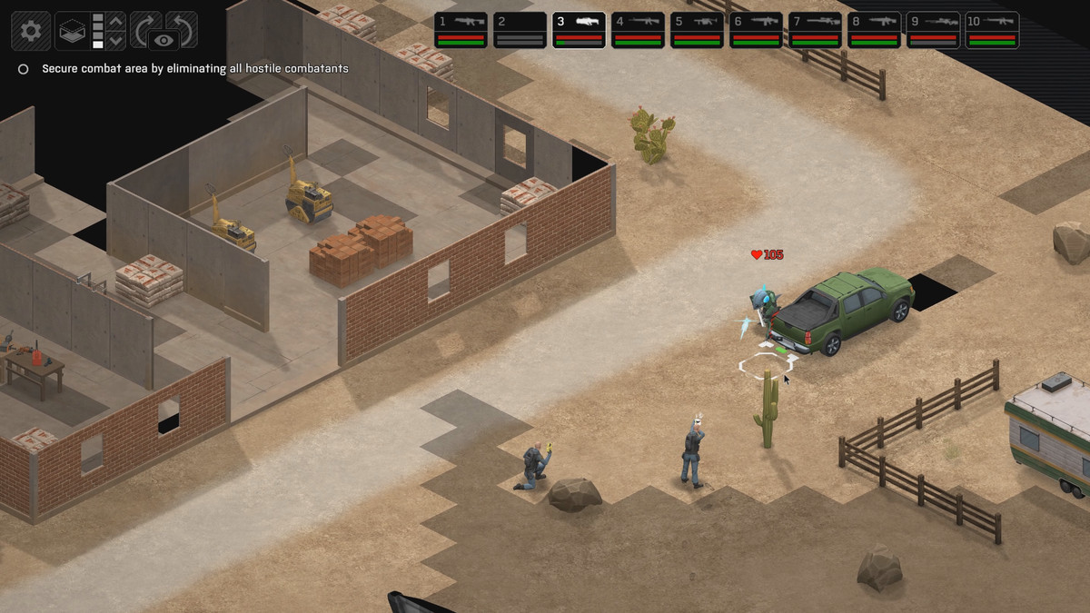 Une bataille se déroule dans un désert, près de bâtiments abandonnés et de voitures jonchées de poussière dans Xenonauts 2