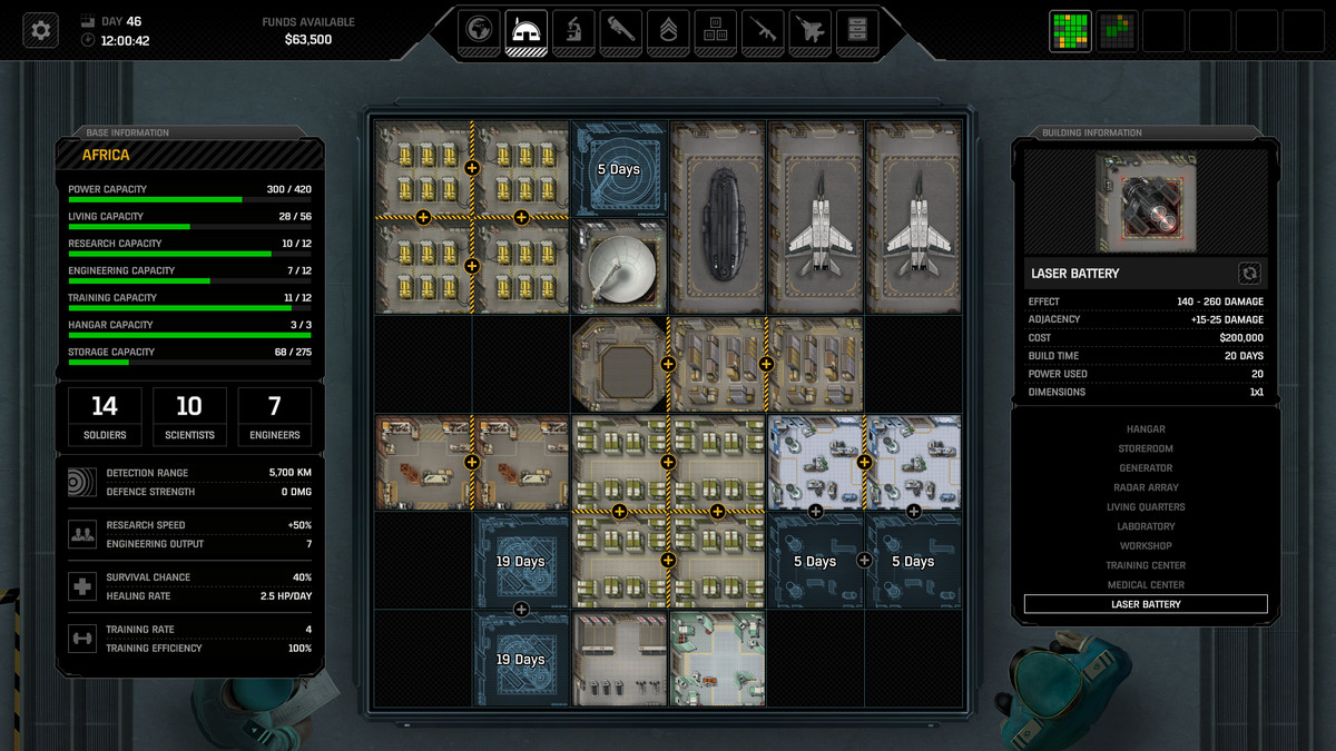 L'écran de construction de la base montrant les différentes améliorations que le joueur peut apporter à la base des humains dans Xenonauts 2
