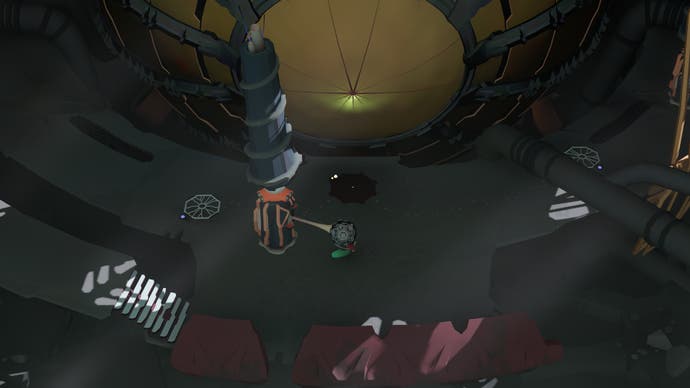 Le personnage insecte joueur tirant un appareil avec des pattes de mollusque dans Cocoon de Geometric Interactive.