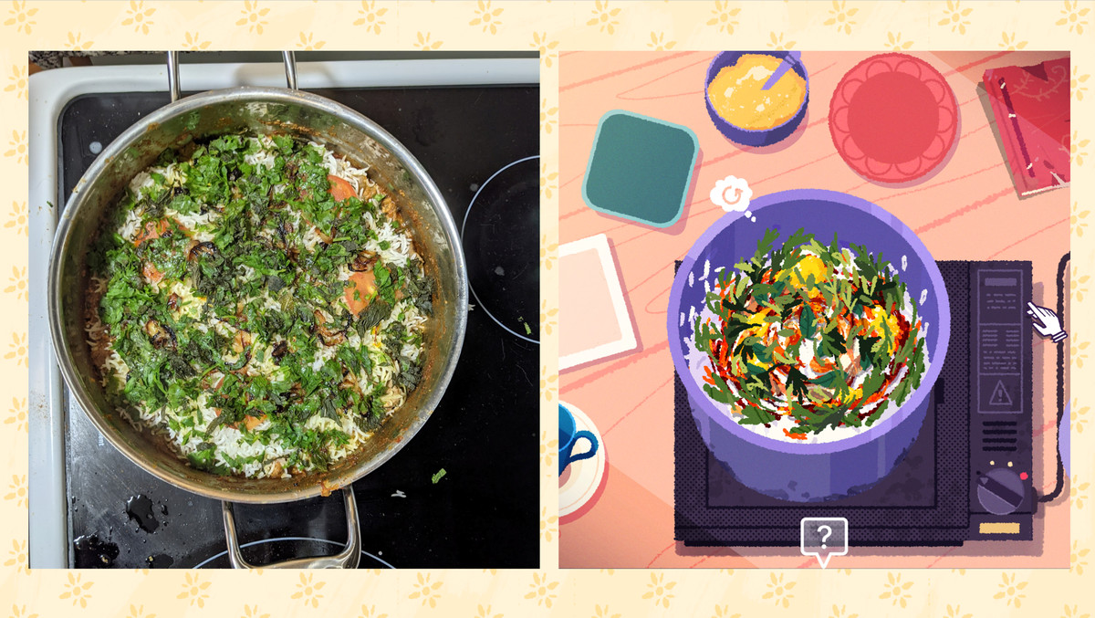 Une comparaison côte à côte entre un plat de riz cuit sur une cuisinière dans la vraie vie et dans le jeu