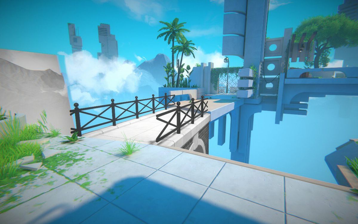 Le joueur observe un pont nouvellement formé dans le viseur, après avoir placé une photo en noir et blanc d'un pont en position flottante