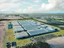 Une image conceptuelle de l'usine de batteries de véhicules électriques prévue par Volkswagen à St. Thomas.