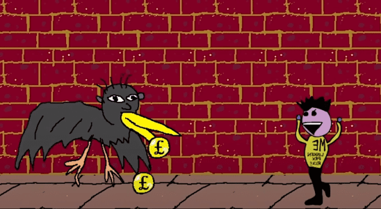 Jerry Jackson engages in deadly battle with a Manky Bird amidst a red brick background. There are pound coins, which have dropped from the fell beast after Jerry stomped on its head.