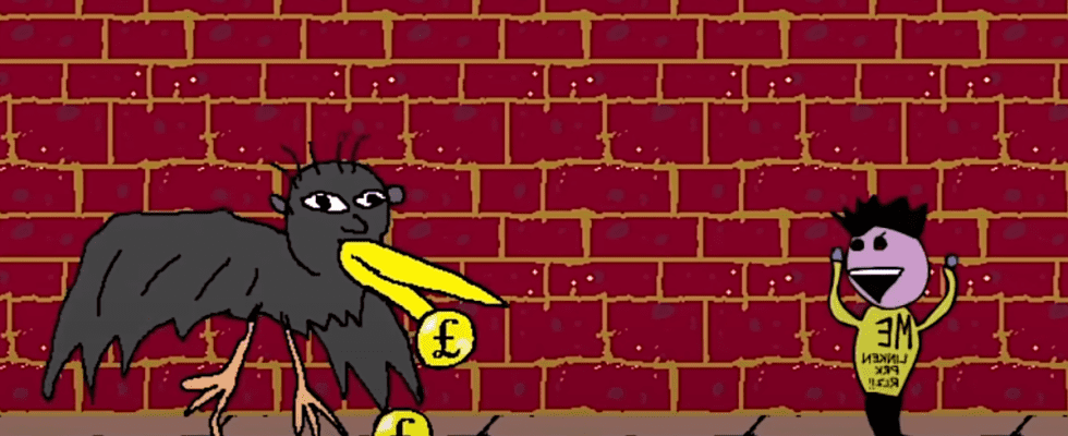 Jerry Jackson engages in deadly battle with a Manky Bird amidst a red brick background. There are pound coins, which have dropped from the fell beast after Jerry stomped on its head.