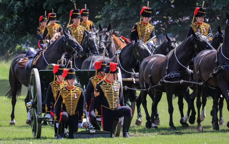 Le ‘spectaculaire’  41 coups de canon pour le 76e anniversaire de Sa Majesté ont été effectués par la troupe du roi Royal Horse Artillery