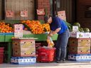 Un homme achète des fruits dans un marché de fruits et légumes à Toronto.
