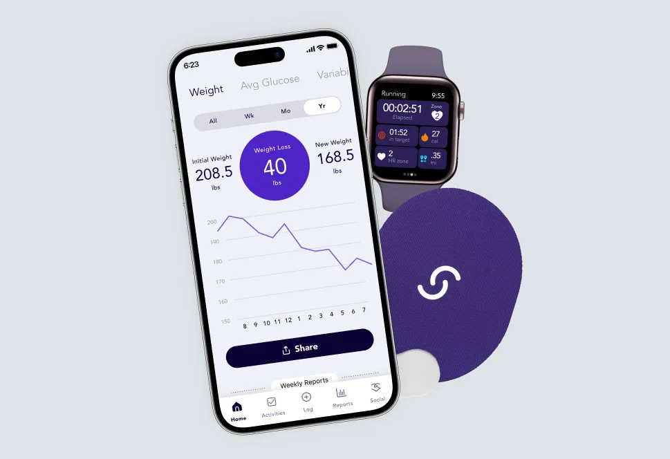 Un rendu d'un smartphone avec l'application Signos CGM, ainsi qu'une Apple Watch et l'applique de bras pour cet outil de suivi de l'insuline.