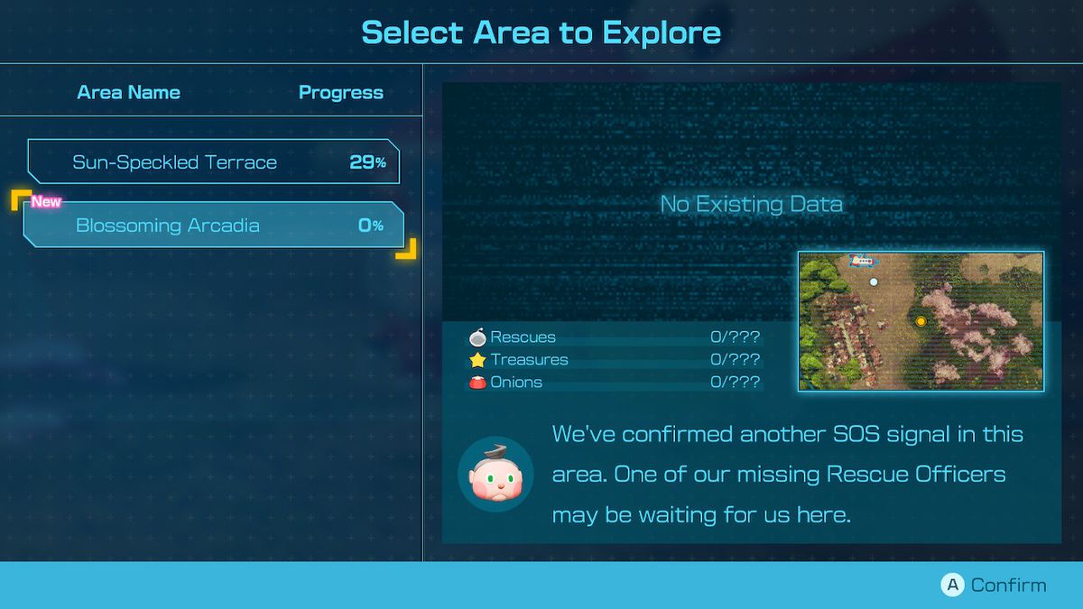 L'écran de sélection de zone dans Pikmin 4, montrant Blossoming Arcadia