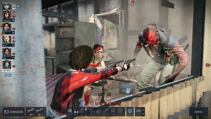 Un combattant pointe deux pistolets sur un homme avec de la peinture faciale rouge dans Jagged Alliance 3