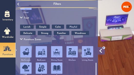 Dreamlight Valley DreamSnaps : L'écran de filtre dans le menu des meubles montrant une sélection de caractéristiques d'objets.