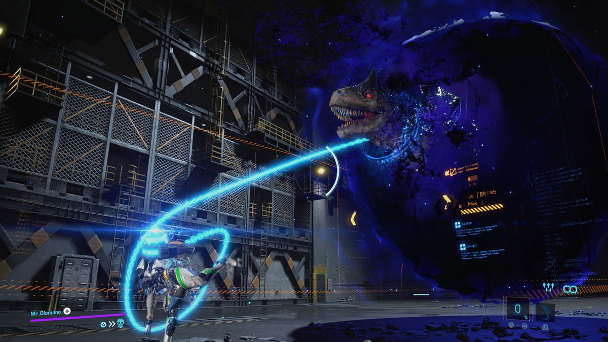 Un exosuit utilise son pied pour lasso un T-Rex, qui émerge d'un trou de ver violet au milieu d'un entrepôt massif