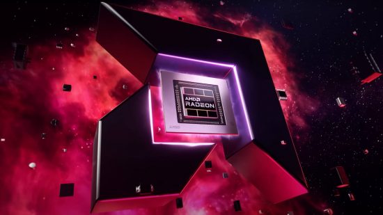 Spéculation sur la date de sortie d'AMD Radeon RX 7800 : un grand logo AMD apparaît avec un morceau de matériel à l'intérieur contre un ciel violet.