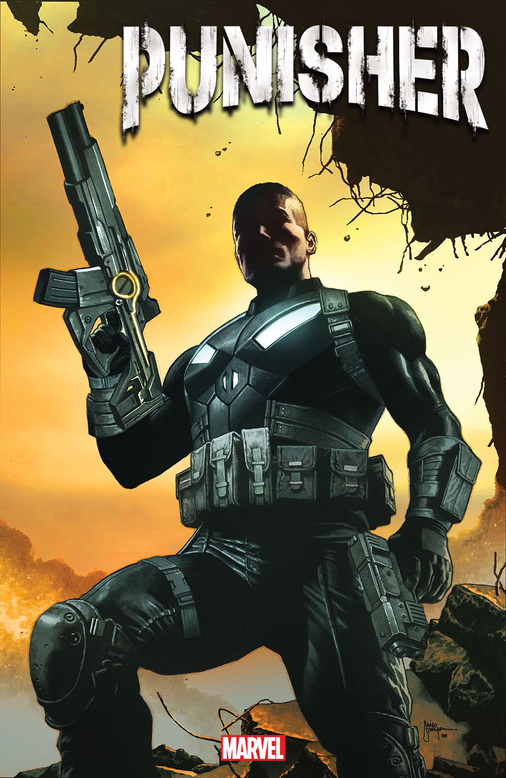Joe Garrison/The Punisher brandit son pistolet laser sur la couverture de The Punisher #1 (2023). 