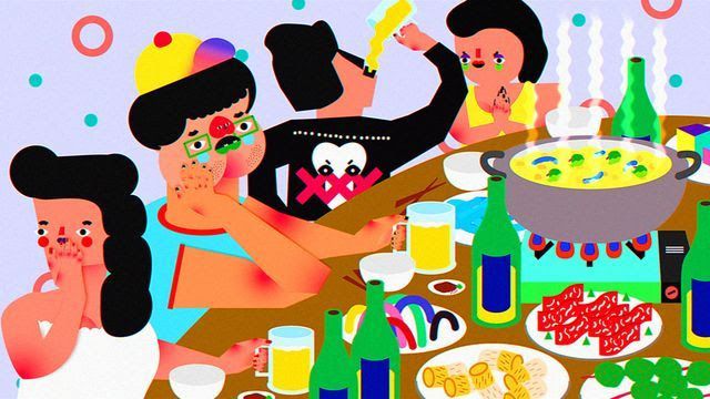 Une image animée de personnes buvant à une table lors d'une fête de Wong Ping: entre désir et isolement
