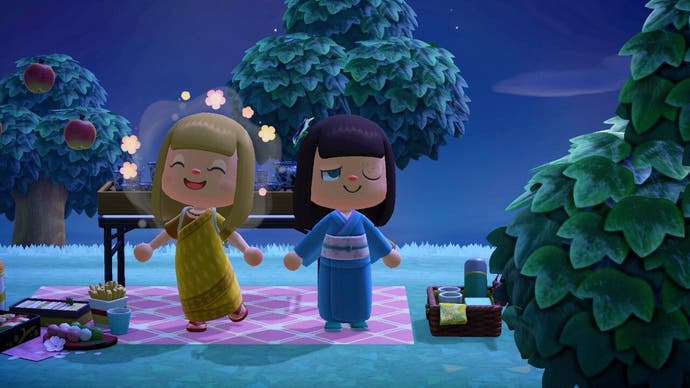 Deux joueurs profitant d'un pique-nique de fin de soirée à Animal Crossing
