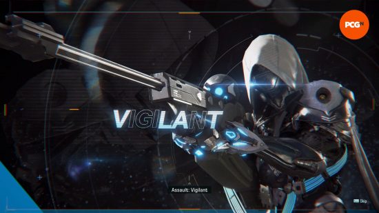 Un robot portant une cagoule blanche regarde le canon d'un fusil de sniper et se prépare à tirer avec 'VALIANT' écrit sur l'écran