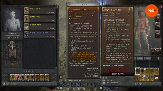 Objets Diablo 4 - un joueur compare une dague unique, Condemnation, avec son arme légendaire actuellement équipée.
