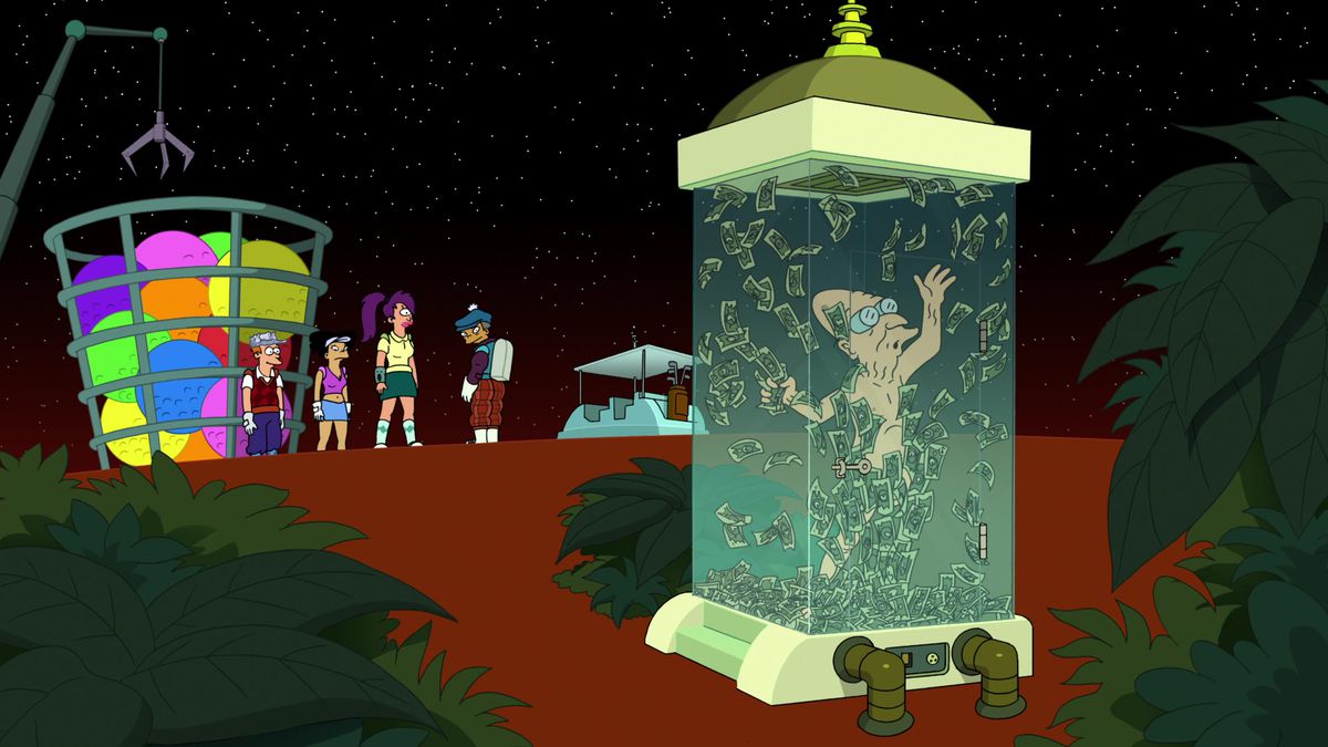 Le professeur Farnsworth se tient dans une vitrine en essayant de saisir de l'argent tandis que certains de ses acteurs de Futurama regardent de l'arrière-plan