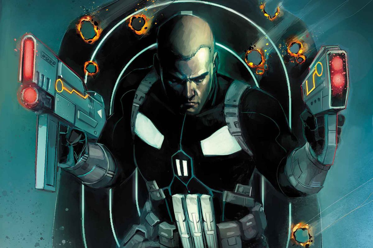 Joe Garrison, ancien agent du SHIELD, utilise deux pistolets laser en tant que nouveau Punisher dans l'art promotionnel de Marvel Comics.
