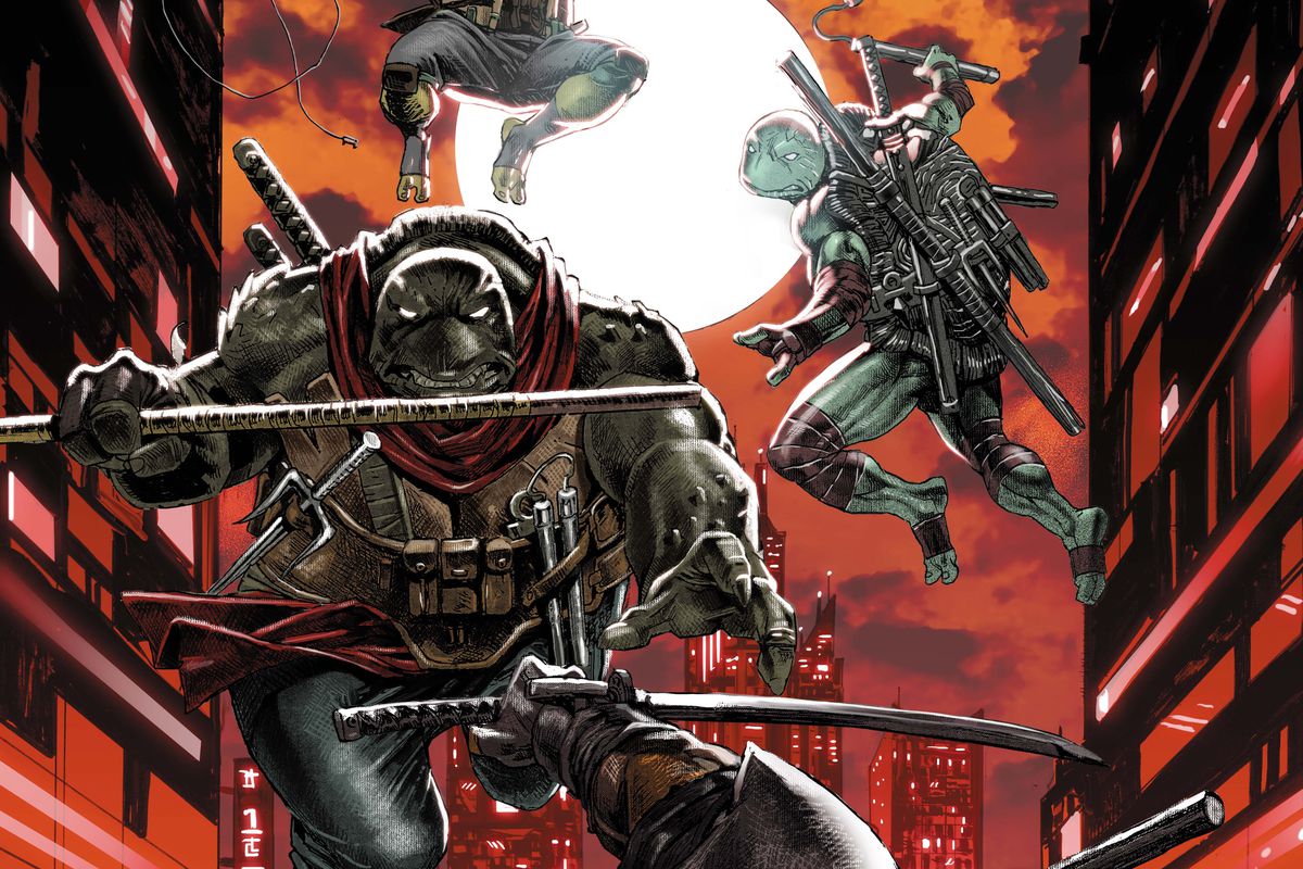 Les personnages de tortues ninja sautent dans les airs dans une ville sombre sur la couverture de Teenage Mutant Ninja Turtles : The Last Ronin II — ReEvolution #1. 