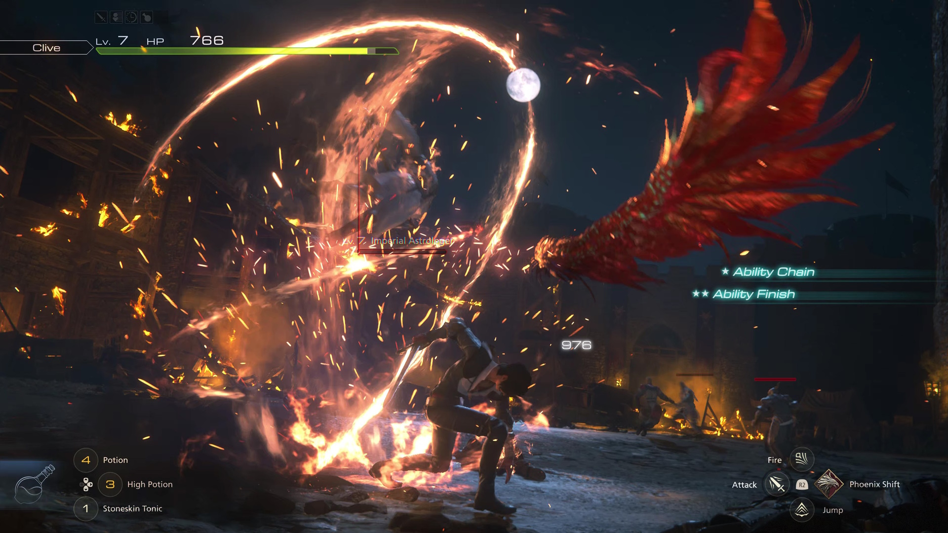 La capture d'écran de Final Fantasy 16 montre le combat avec Clive et de nombreux éléments d'interface utilisateur lors d'une nuit noire contre des soldats
