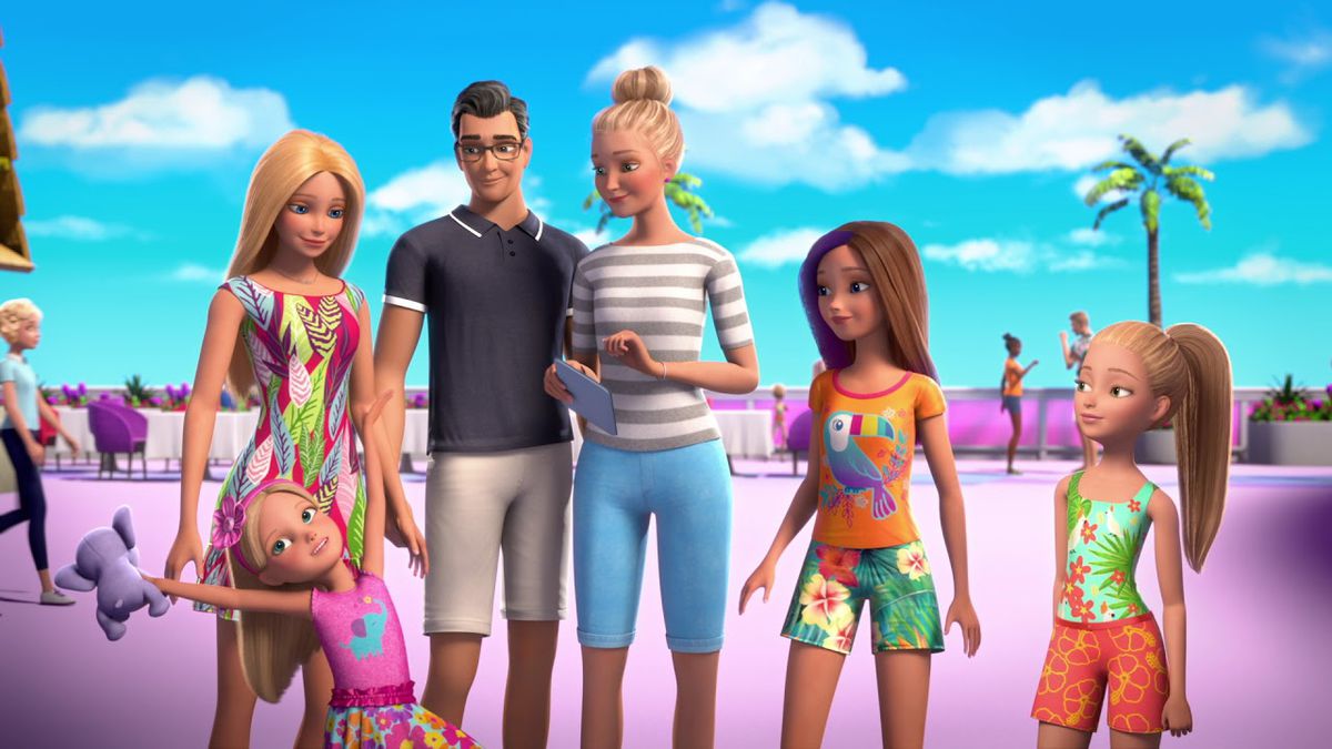 Barbie debout avec ses parents, ses sœurs Skipper et Stacy, sur le pont d'un bateau de croisière.  Devant eux, la jeune sœur Chelsea lève les bras avec enthousiasme.