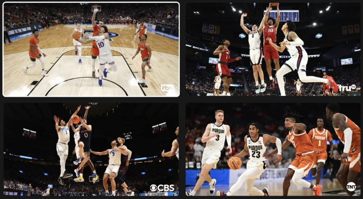 Une grille 2 par 2 de quatre matchs de basket-ball universitaires est visible dans le mode multivue de YouTube TV.