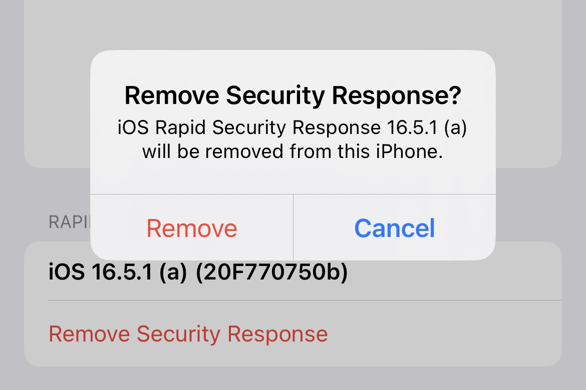 Suppression d'une mise à jour Rapid Security Response sur un iPhone exécutant iOS 16.5.1. 