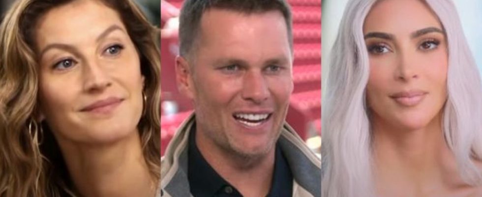 From left to right: Gisele Bündchen in an ABC News interview, Tom Brady in BTS video for 80 for Brady and Kim Kardashian in The Kardashians.