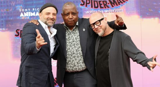 LOS ANGELES, CALIFORNIA - MAY 30: (L-R) Joaquim Dos Santos, Kemp Powers and Justin K. Thompson attend the world premiere of "Spider-Man: Across The Spider-Verse" at Regency Village Theatre on May 30, 2023 in Los Angeles, California. (Photo by Monica Schipper/Getty Images)
