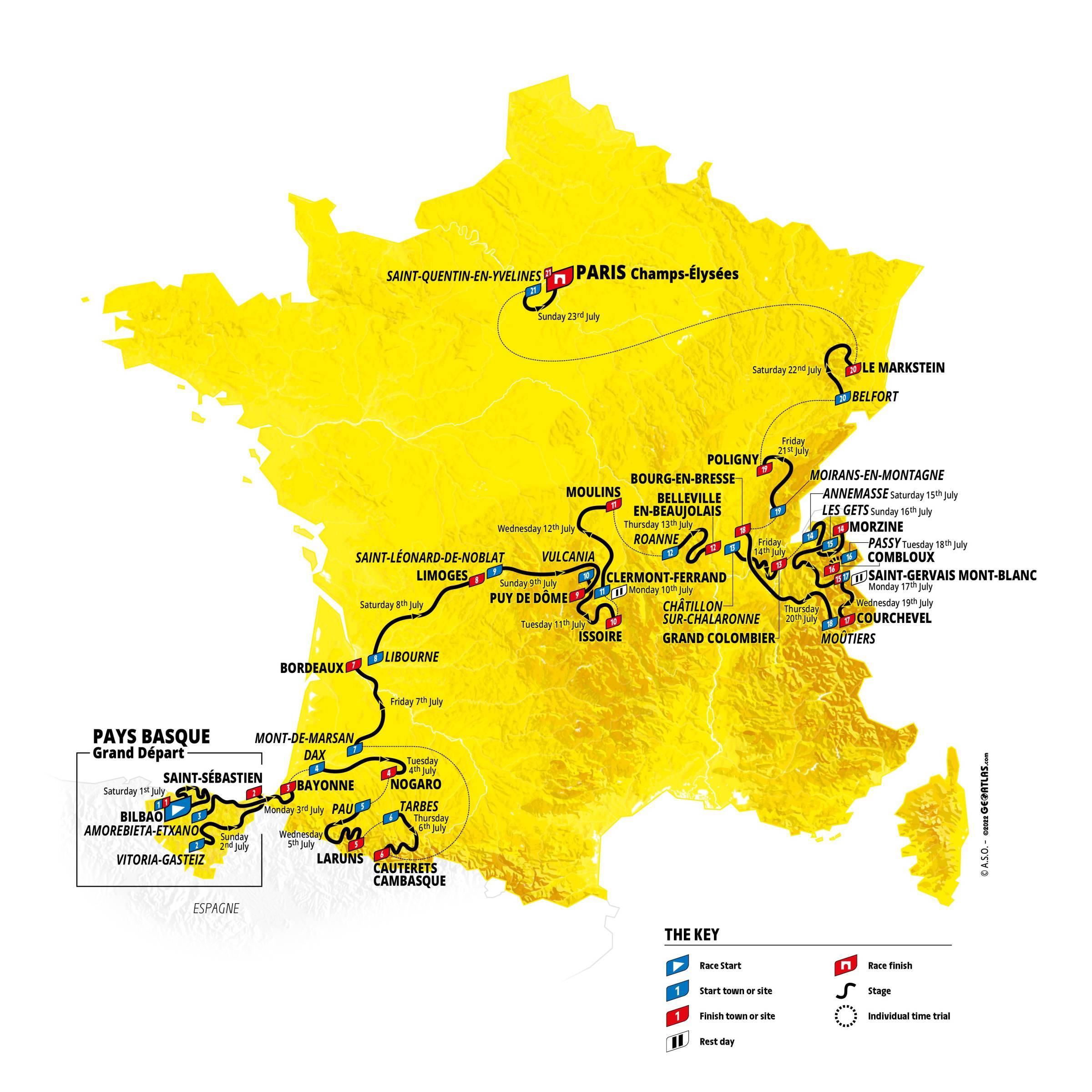 Une carte montrant le parcours du Tour de France 2023