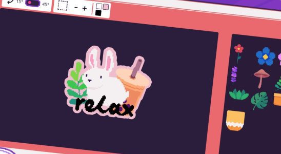 A sticker created in Sticky Business. A white rabbit sits in front of some boba tea and a leaf with the text