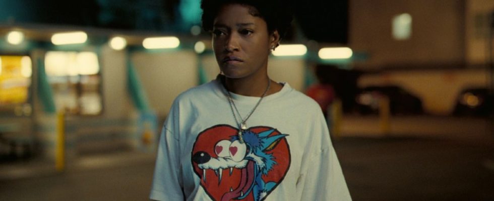 Keke Palmer looking straight-faced to the right in Nope.