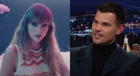 From left to right Taylor Swift in the Lavender Haze music video and Taylor Lautner on the Tonight Show.