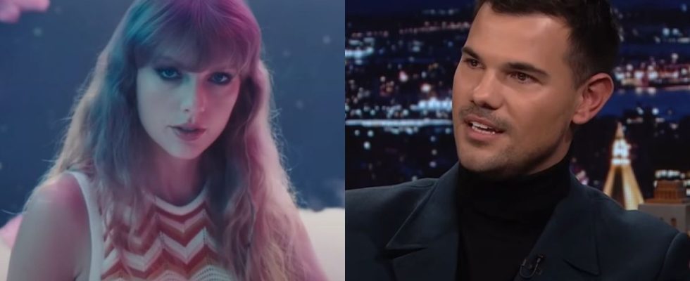 From left to right Taylor Swift in the Lavender Haze music video and Taylor Lautner on the Tonight Show.