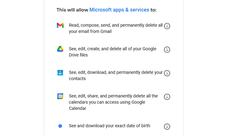 Une liste des autorisations que vous devrez accorder à Microsoft pour utiliser un service de messagerie tiers avec l'application Outlook.