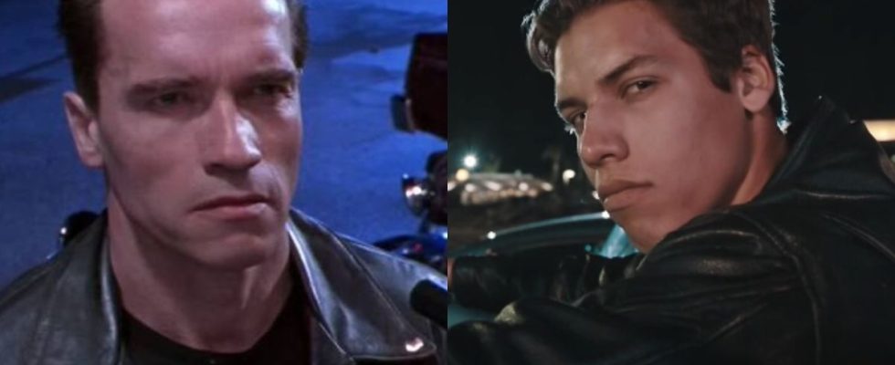 Arnold Schwarzenegger in Terminator and his son Joseph Baena in short film remake Bad To The Bone